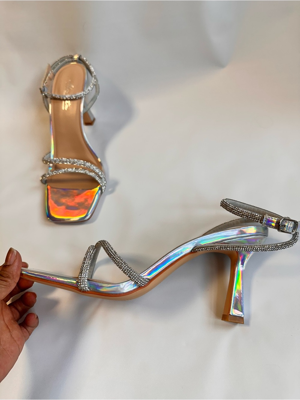 Iridescent Multi-Color Strappy Heels with Silver Rhinestone Accents - Picture 6 of 7